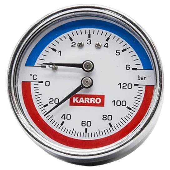 SHOP AKD::Термоманометр KARRO 1/2"x1/4"x63mm / 6bar,120℃ заднє підключення